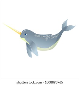 Cute gray narwhal. sea ​​animals in cartoon style. Vector illustration isolated on white background