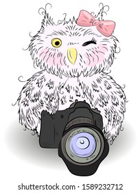 Cute gray owl with a camera and bow, hand-drawing, watercolor, sketch