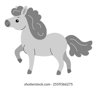 Cute gray pony with curly mane prancing happily in a cartoon style illustration