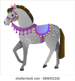 cute gray pony horse in a bright harness. tsyrkovaya horse. vector illustration isolated on white background