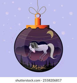 Cute gray pony sleeps on a cloud inside a Christmas tree ball.It's snowing.New Year and Christmas.Christmas vector