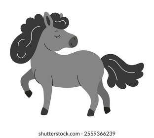 Cute gray pony standing gracefully with a playful pose and flowing mane