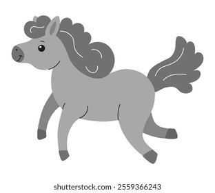 Cute gray pony trotting playfully in a cartoon style illustration