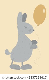Cute gray rabbit with a balloon. Happy Easter greeting card with sweet hand drawn bunny