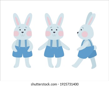 Cute gray rabbit in a blue jumpsuit. Animal character in the children's style. Vector cartoon illustration. The hare in different poses and angles.