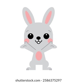 Cute gray rabbit with blushing cheeks. Its hands are open as if it is excited or greeting someone, giving a playful and welcoming expression. Vector illustration.