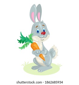 Cute gray rabbit with carrot. In cartoon style. Isolated on white background. Vector flat illustration.