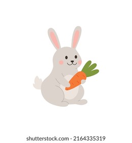 Cute gray rabbit with carrot cartoon style, vector illustration isolated on white background. Smiling bunny, nice character for postcard design, kid books, print