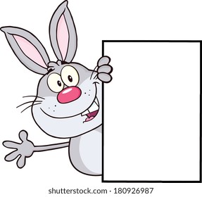 Cute Gray Rabbit Cartoon Character Looking Around A Blank Sign And Waving. Vector Illustration Isolated on white