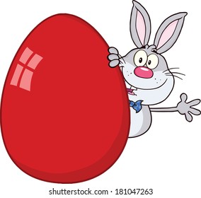 Cute Gray Rabbit Cartoon Character Waving Behind Easter Egg. Vector Illustration Isolated on white