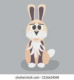 Cute gray rabbit in cartoon style. Fantasy drawing. Light colors, gray background. Handsome hare. Vector illustration. Baby drawing. Design for printing, greeting card, kids room decoration, pet shop.