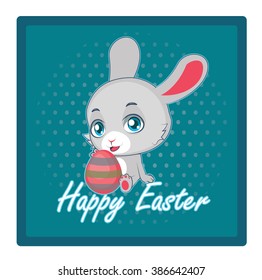 Cute gray rabbit and egg Easter greeting
