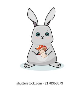 Cute gray rabbit with fly agaric on a white background. Vector illustration for children's room, book, magazine