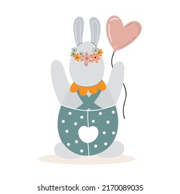 Cute gray rabbit holding a air balloon. Character animal rabbit. Vector illustration isolated on white background