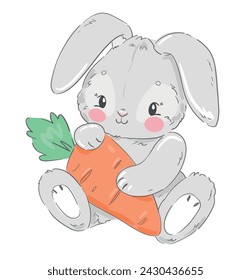 Cute gray rabbit holding a carrot isolated on white background. Childish vector illustration. Bunny Print design for kids textiles.