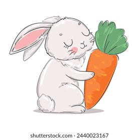 Niedliches graues Kaninchen, das eine Karotte hält, isoliert auf weißem Hintergrund. Kindliche Vektorgrafik. Bunny Print Design für Kinder Textilien.