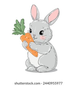 Cute gray rabbit holding a carrot isolated on white background. Childish vector illustration. Bunny Print design 