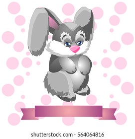 Cute gray rabbit on a modest pale pink background with a pink satin ribbon for an inscription at the bottom.Funny illustration to cheer up dear people.