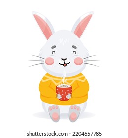 Cute gray rabbit sits and holds a cup of cocoa in its paws. A bunny in a warm sweater is holding a hot drink. Cozy character in cartoon style. Vector illustration isolated on white background