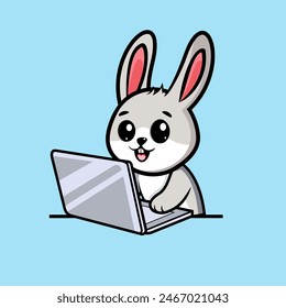 cute gray rabbit is sitting in front of a laptop, smiling, with a cartoon-style illustration of an isolated natural animal concept