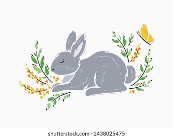 Cute Gray Rabbit with Spring Floral Elements. Easter Bunny, Leaves and Flowers. Vector illustration