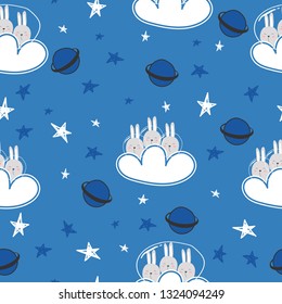 Cute gray rabbit with star, cloud, moon, planet seamless pattern. Bunny family in the galaxy on blue background. Mom, dad and child in space wrapping paper design. Baby graphic fabric textile print
