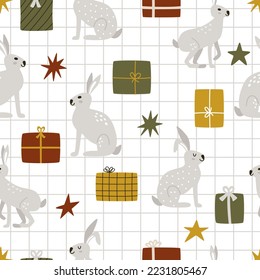 Conejos grises con cajas de regalo sobre fondo a cuadros. Patrón vectorial sin problemas para cumpleaños o Navidad. Imprimir para fiesta de celebración y regalos