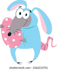 
cute gray rat in a blue rabbit pajamas holds in its paws a pink Easter egg in a white polka dot on isolated white background