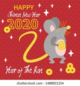 Cute gray Rat with gold coin. Animal cartoon character card. Rat with money in hands. Chinese new year greeting card. 2020 Rat zodiac.