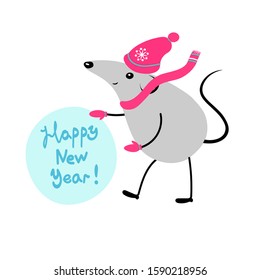 Cute gray rat mouse in a hat, scarf and mittens with a big snowball on white isolated backgraund. Vector illustration.Happy Chinese New Year 2020 year of the rat. 