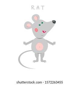 Cute gray rat or mouse on white isolated backgraund. Vector illustration,for children's and other design.Happy Chinese New Year 2020 year of the rat. 