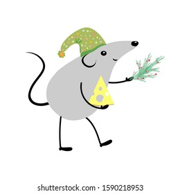 Cute gray rat with a piece of cheese and a Christmas tree branch   on white isolated backgraund. Vector illustration.Happy Chinese New Year 2020 year of the rat. 