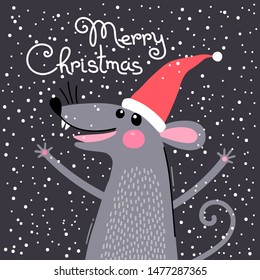 Cute gray rat in Santas hat wishes Merry Christmas. Postcard with a symbol of 2020. Vector illustration.