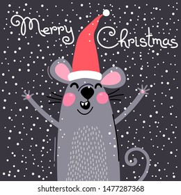 Cute gray rat in Santas hat wishes Merry Christmas. Postcard with a symbol of 2020. Vector illustration.