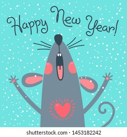 Cute gray rat wishes Happy New Year. Postcard with a symbol of 2020. Vector illustration.