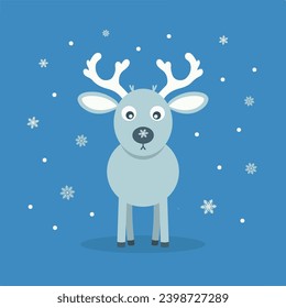 Cute Gray Reindeer with Large Antlers on a Blue Background with Snowflakes. Christmas Deer Character. Vector Illustration in Flat Style.