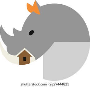Cute gray rhinoceros vector design with a small brown house inside its horn. Minimalist animal illustration suitable for baby shower, nursery decor, or children's book projects.