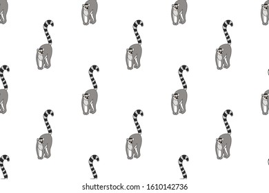 Cute gray ring-tailed lemurs. Madagaskar animals on white background. Seamless vector pattern.