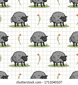 Cute gray sheep in field cartoon seamless vector pattern. Hand drawn agriculture livestock. Farm animal with flower all over print on check background. Wooly ewe backdrop. 