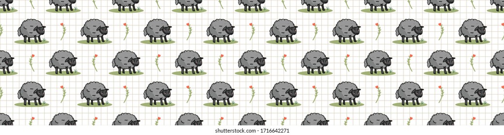 Cute gray sheep in field cartoon seamless vector border. Hand drawn agriculture livestock. Farm animal with flower all over print on check background. Wooly ewe backdrop. 