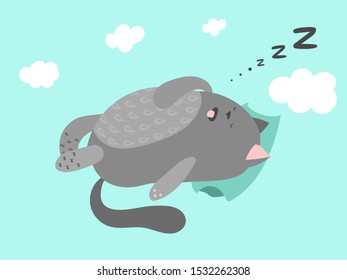Cute gray sleeping cat in scandinavian style. Drawing vector illustration. Clothing concept, print nursery, scrapbook book, cute poster.