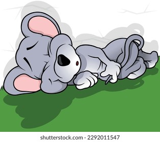 Cute Gray Sleeping Mouse on the Ground - Colored Cartoon Illustration with Background, Vector