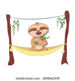 Cute gray sloth sleeping, resting on tree branch. Adorable hand drawn baby sloth character hanging on the tree.
