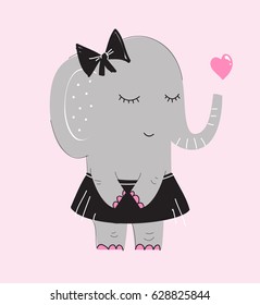 Cute gray smiling stylish girl elephant in a black skirt and a bow on her head, with closed eyes and pink nails blows a heart out of a trunk.  illustration for t-shirts, phone case, mugs, baby shower