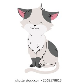 Cute gray spotted cat in flat cartoon style. Favorite pet on white background. Vector illustration for cards, stickers, banners, etc.