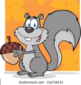 Cute Gray Squirrel Cartoon Character Holding A Acorn