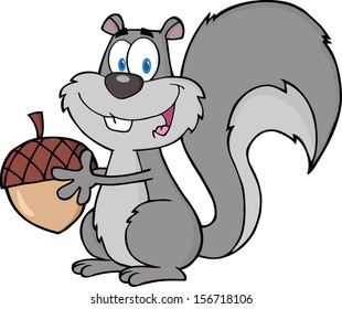 Cute Gray Squirrel Cartoon Mascot Character Holding A Acorn