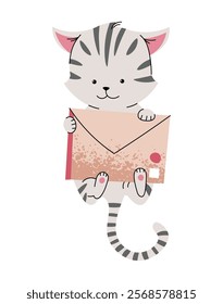 Cute gray striped cat with envelope in flat cartoon style. Favorite pet on white background. Valentine's day vector illustration for cards, stickers, banners, etc.