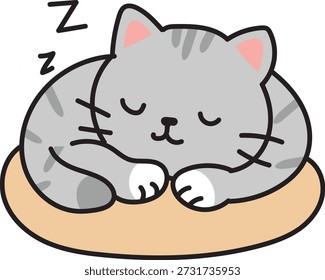 CUte Gray Striped Cat Sleeping Peacefully on a Soft Cushion, Vector Illustration