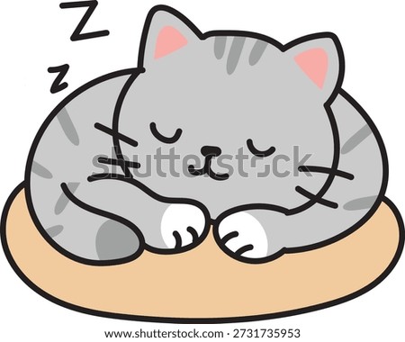 CUte Gray Striped Cat Sleeping Peacefully on a Soft Cushion, Vector Illustration